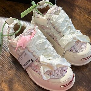 White and Pink Tweed Sneakers